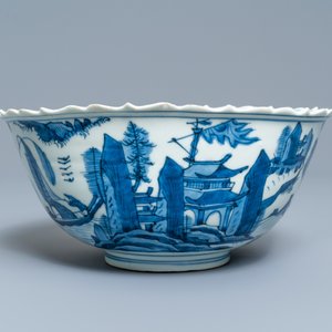 Een Chinese blauw-witte kom met een landschap met pagode, Wanli — foto 2