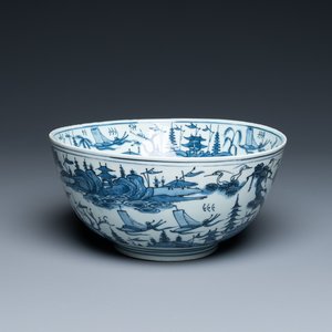 Een Chinese blauw-witte kom met een landschap rondom, Wanli — foto 1