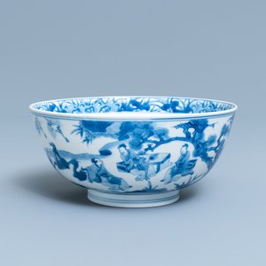 Een Chinese blauw-witte kom met geleerden en hun dienaars, Kangxi merk en periode — foto 1