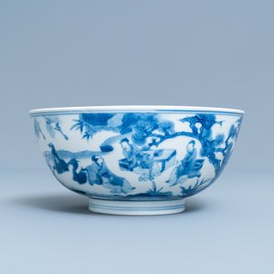 Een Chinese blauw-witte kom met geleerden en hun dienaars, Kangxi merk en periode — foto 2