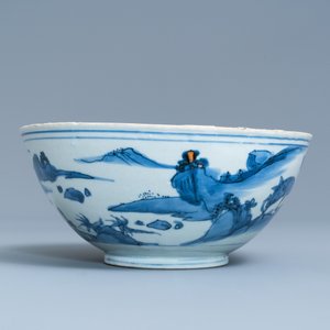 Een Chinese blauw-witte kom met herten in een landschap, Chenghua merk, Ming — foto 3