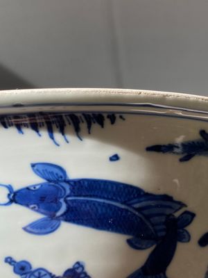 Een Chinese blauw-witte kom met karpers, Chenghua merk, Kangxi — foto 14