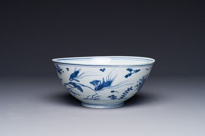 Een Chinese blauw-witte kom met mandarijneenden in een lotusvijver, Wanli