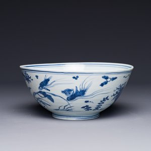 Een Chinese blauw-witte kom met mandarijneenden in een lotusvijver, Wanli — foto 1