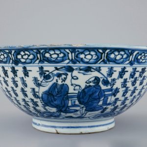 Een Chinese blauw-witte kom met Shou Lao op een kraanvogel, Transitie periode, 1620-1683 — foto 2