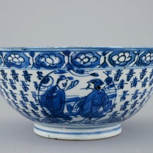 Een Chinese blauw-witte kom met Shou Lao op een kraanvogel, Transitie periode, 1620-1683 — foto 5