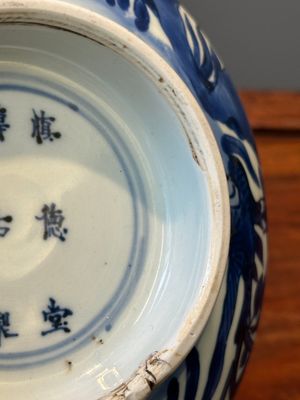 Een Chinese blauw-witte kom met vogels tussen bloessemtakken, Shen De Tang Bo Gu Zhi 慎德堂博古製 mark, Kangxi — foto 13