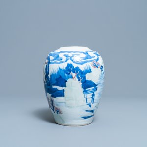 Een Chinese blauw-witte, koperrode en celadon vaas met landschapsdecor, Kangxi — foto 3