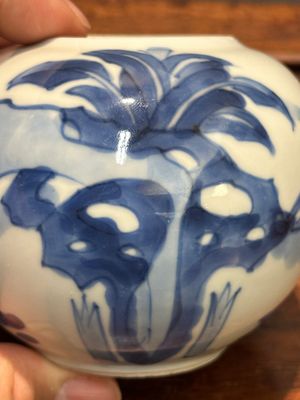 Een Chinese blauw-witte 'Lange Lijzen' theebus en deksel, conische schelp merk, Kangxi — foto 12