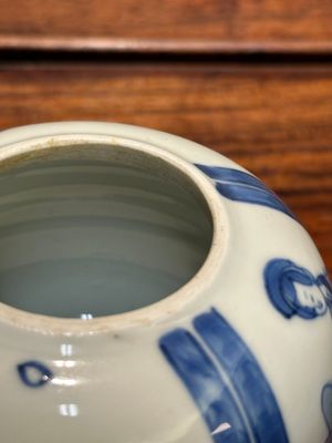 Een Chinese blauw-witte 'Lange Lijzen' theebus en deksel, conische schelp merk, Kangxi — foto 9