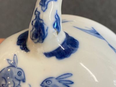 Een Chinese blauw-witte 'Lange Lijzen' theepot met deksel, Chenghua merk, Kangxi — foto 13