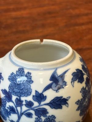 Een Chinese blauw-witte mosterdpot met floraal decor, Kangxi — foto 9