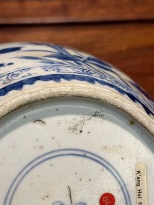 Een Chinese blauw-witte pot met deksel met floraal decor, Kangxi — foto 14