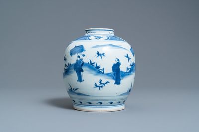 Een Chinese blauw-witte pot met figuren in een landschap, haas merk, Wanli