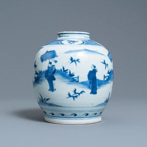 Een Chinese blauw-witte pot met figuren in een landschap, haas merk, Wanli — foto 1