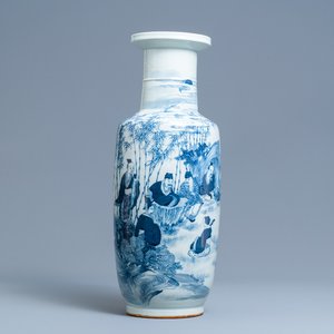 Een Chinese blauw-witte rouleau vaas met de 'Zeven wijzen in het bamboebos', 19e eeuw — foto 1