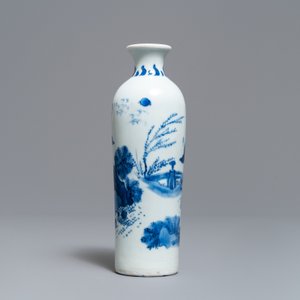 Een Chinese blauw-witte rouleau vaas met een figuur in een landschap, Transitie periode — foto 2