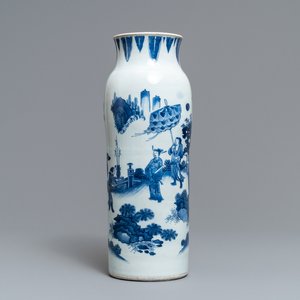 Een Chinese blauw-witte rouleau vaas met figuratief decor rondom, Transitie periode — foto 1