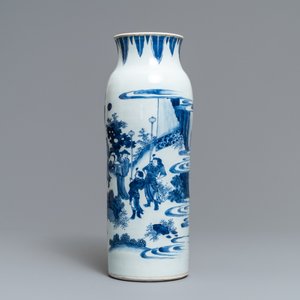 Een Chinese blauw-witte rouleau vaas met figuratief decor rondom, Transitie periode — foto 4