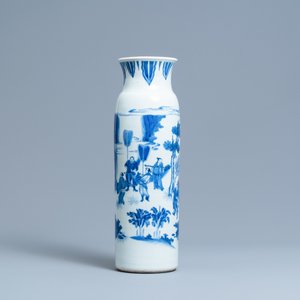 Een Chinese blauw-witte rouleau vaas met figuren in een landschap, Transitie periode — foto 2