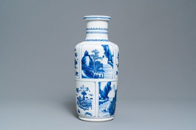 Een Chinese blauw-witte rouleau vaas met landschappen en antiquiteiten, Kangxi