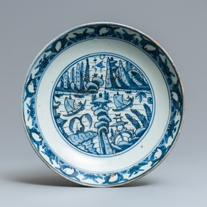 Een Chinese blauw-witte schotel met een landschap, Jiajing — foto 1