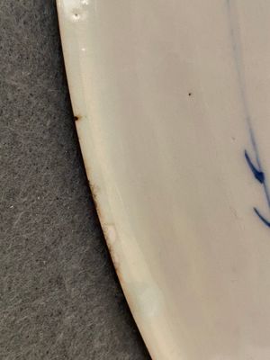 Een Chinese blauw-witte schotel met pioenslingers en een famille verte schotel, Kangxi — foto 14