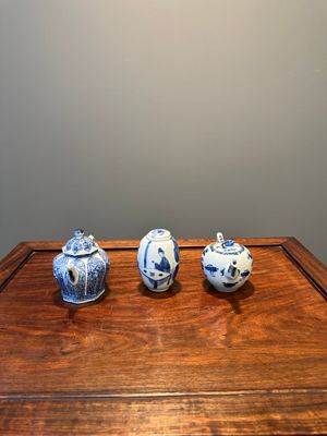 Een Chinese blauw-witte theebus en twee theepotten, Kangxi/Qianlong — foto 4