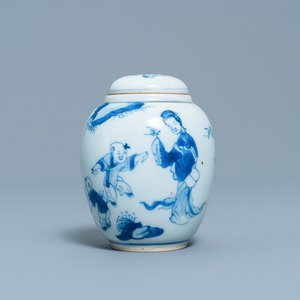 Een Chinese blauw-witte theebus met deksel met spelende jongens, Kangxi — foto 1