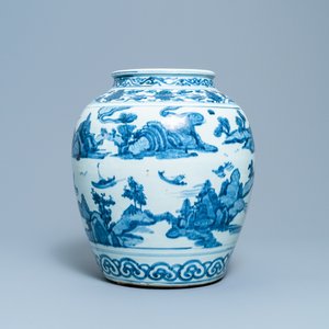 Een Chinese blauw-witte vaas met boten in een bergachtig landschap, Ming — foto 2