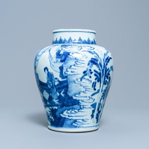 Een Chinese blauw-witte vaas met figuren in een interieur, Kangxi — foto 4