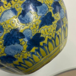 Een Chinese blauw-witte vaas met gele fondkleur met eekhoorns bij kalebasfruit, Wanli — foto 16