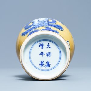 Een Chinese blauw-witte vaas met zeemleer fondkleur, Jiajing merk, Kangxi — foto 6