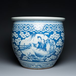 Een Chinese blauw-witte vissenkom met medaillons op een fond van prunusbloemen, 19e eeuw — foto 4