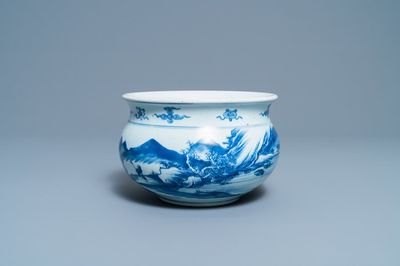 Een Chinese blauw-witte wierookbrander met een bergachtig landschap, Kangxi