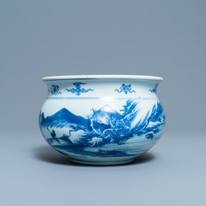 Een Chinese blauw-witte wierookbrander met een bergachtig landschap, Kangxi — foto 2