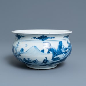 Een Chinese blauw-witte wierookbrander met figuren in een berglandschap, Kangxi — foto 1
