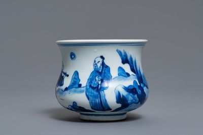 Een Chinese blauw-witte wierookbrander met figuren in een landschap, Kangxi