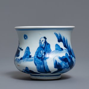 Een Chinese blauw-witte wierookbrander met figuren in een landschap, Kangxi — foto 1