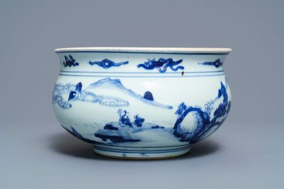 Een Chinese blauw-witte wierookbrander met figuren in een landschap, Kangxi