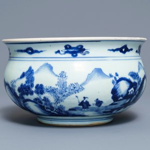 Een Chinese blauw-witte wierookbrander met figuren in een landschap, Kangxi — foto 2