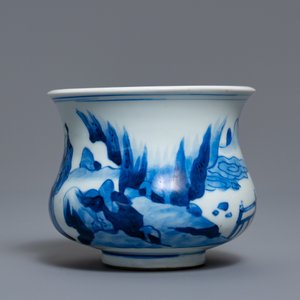 Een Chinese blauw-witte wierookbrander met figuren in een landschap, Kangxi — foto 3