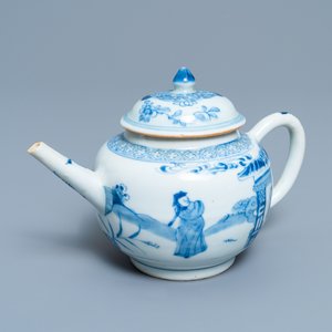 Een Chinese blauw-witte 'Xi Xiang Ji' theepot met deksel, Kangxi/Yongzheng — foto 1
