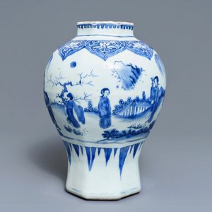 Een Chinese blauwwitte balustervaas met figuratief decor, Transitie periode — foto 4