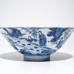 Een Chinese blauwwitte conische kom met "Zeven Wijzen van het Bamboebos", Kangxi merk en periode — foto 1