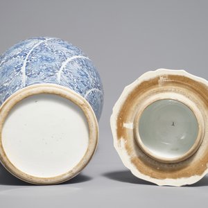 Een Chinese blauwwitte dekselvaas met floraal decor, Kangxi — foto 7