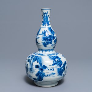 Een Chinese blauwwitte kalebasvaas met figuratief decor rondom, Transitie periode — foto 3