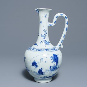Een Chinese blauwwitte kan met cartouches met figuratief decor, Transitie periode — foto 2