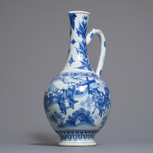 Een Chinese blauwwitte kan met figuratief decor rondom, Transitie periode — foto 1