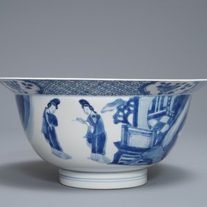 Een Chinese blauwwitte klapmutskom met figuren, Jiajing merk, Kangxi — foto 4